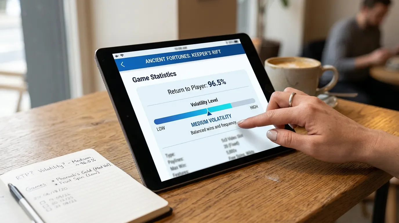 Slot machine display showing RTP percentage and volatility indicator