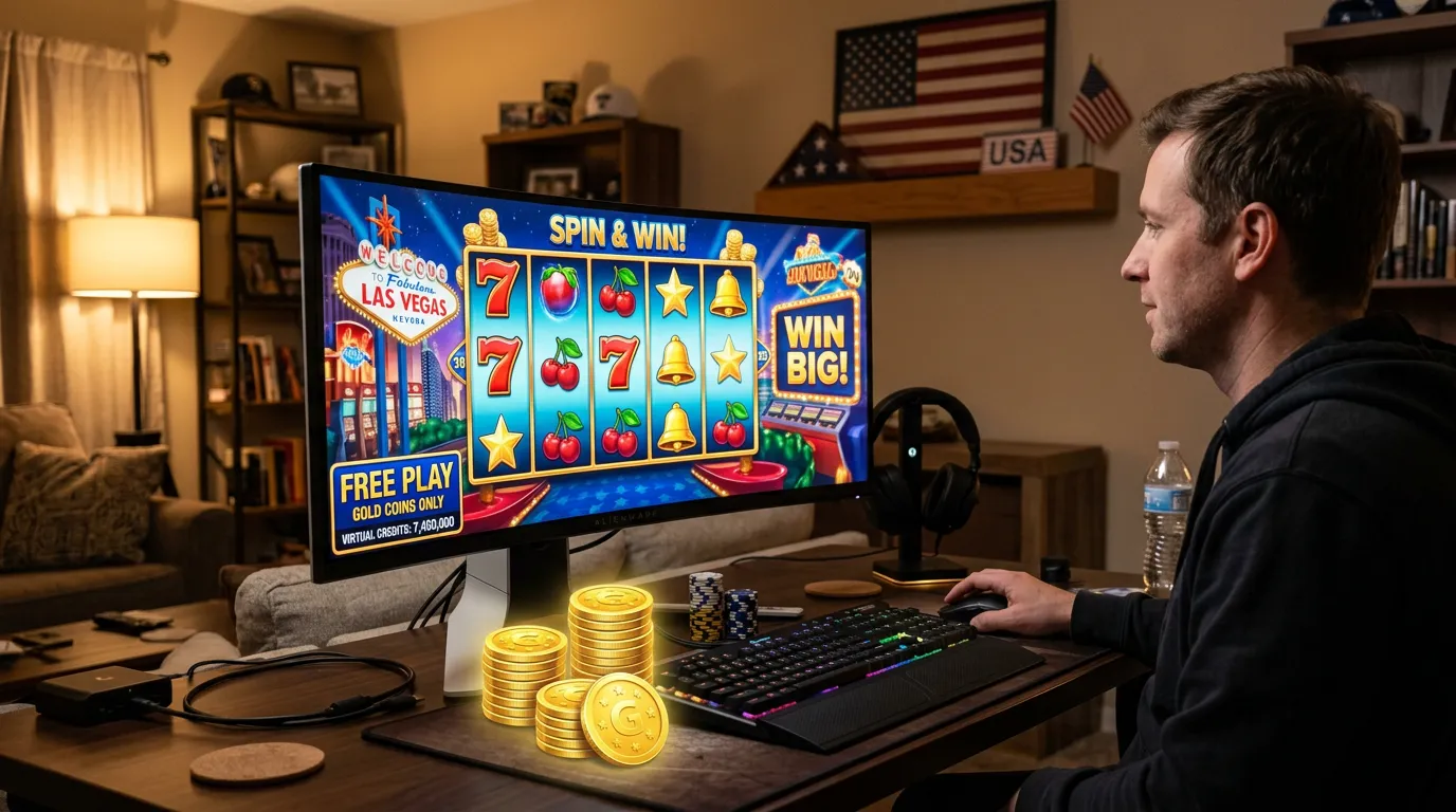 Sweepstakes casino slots gaming setup with virtual coins and slot reels