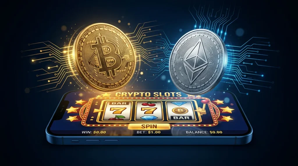 Bitcoin and Ethereum symbols with sweepstakes casino interface