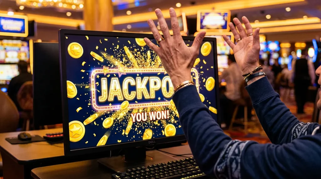 Sweepstakes casino jackpot winner celebration with gold coins