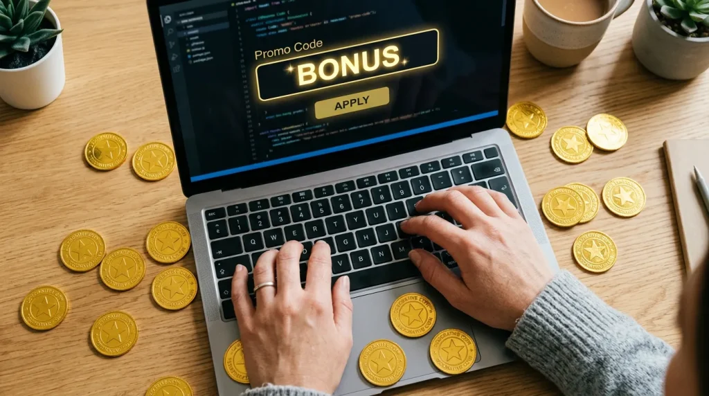 Sweepstakes casino promo code entry on laptop screen